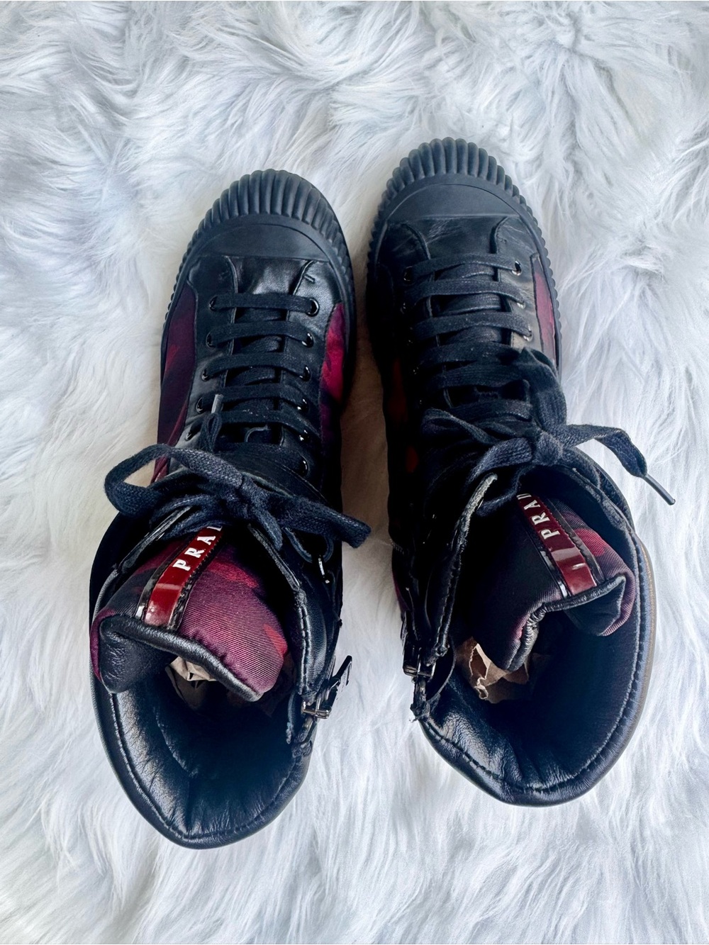 PRADA Women Black Leather Red Camo Textile Padded Collar Ankle Boots Sz 7.5 38 - Picture 10 of 17